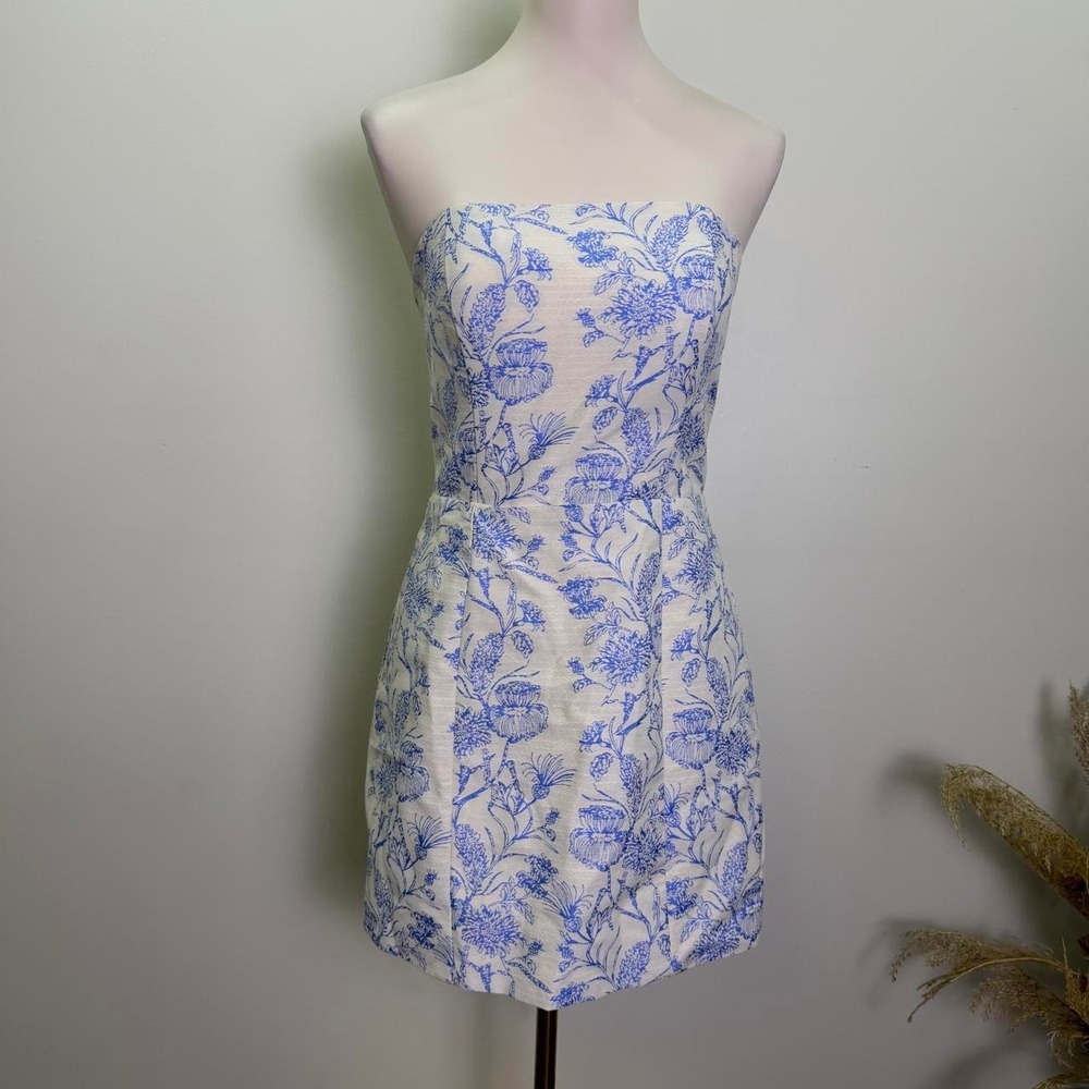 Blue White Floral Toile Strapless Corset Mini Dress - Size 10